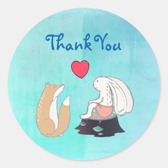 Sticker Rond Cute Fox et Rabbit Woodland Créatures Merci (Devant)