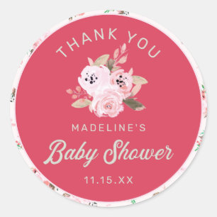 Sticker Rond Cute fraise rose Baby shower  Floral Merci