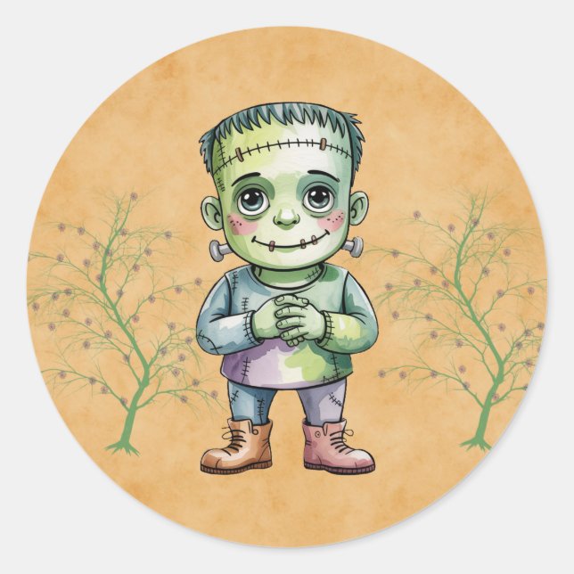 Sticker Rond Cute Frankenstein Halloween Anniversaire (Devant)