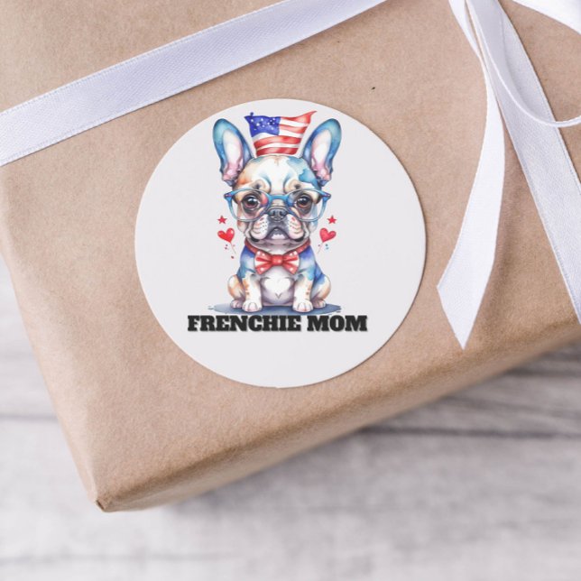 Sticker Rond Cute French Bulldog American Flag with Hearts (Créateur téléchargé)