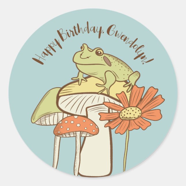 Sticker Rond Cute Frog et Champignons Cottagecore Personnalisé (Devant)