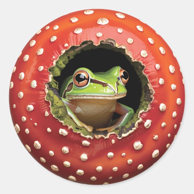 Sticker Rond Cute Frog in Mushroom - Funny Woodland Frog (Devant)
