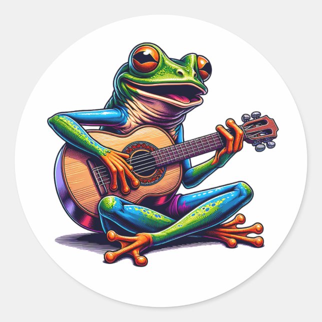 Sticker Rond Cute Frog Jouer une guitare (Devant)