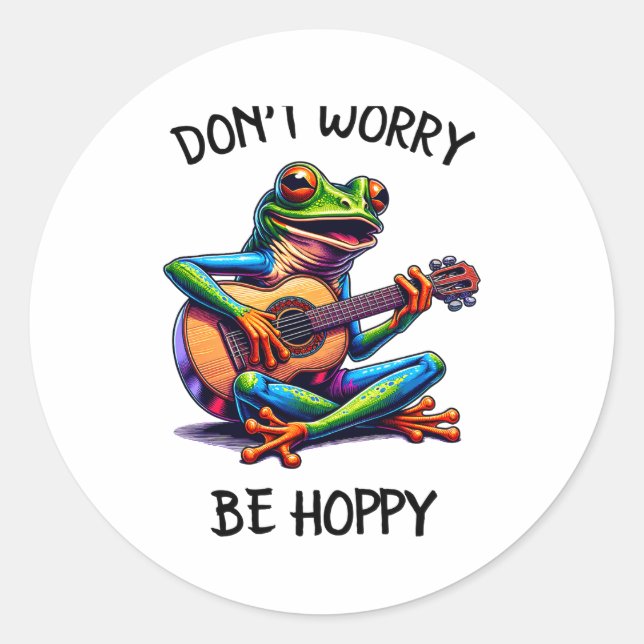 Sticker Rond Cute Frog Playing A Guitar Dont Worry Be Hoppy _2  (Devant)