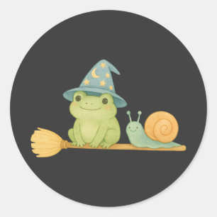 Sticker Rond Cute Frog sorcière sur la chambre avec l'Halloween