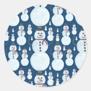 Sticker Rond Cute Frosty Blue Snowman Motif d'aquarelle