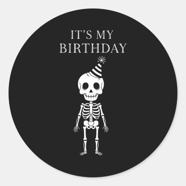 Sticker Rond Cute Funny Kawaii Skeleton Birthday Skull Happy Wo (Devant)