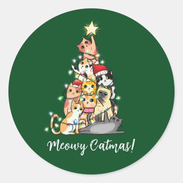 Sticker Rond Cute Funny Meowny Catmas Chats Arbre de Noël (Devant)