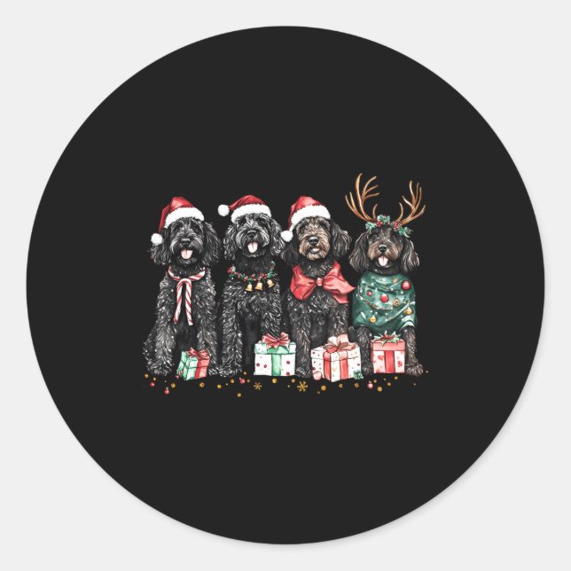 Sticker Rond Cute Funny Reindeer Santa Black Goldendoodle Dogs  (Devant)