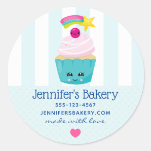 Sticker Rond Cute gâteau bleu avec Kawaii Face Business