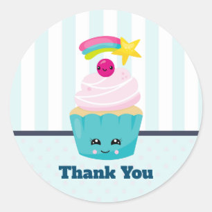 Sticker Rond Cute gâteau bleu avec Merci de visage Kawaii