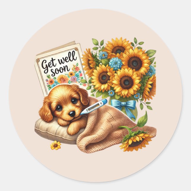 Sticker Rond Cute get well soon puppy  (Devant)