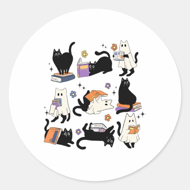 Sticker Rond Cute Ghost Black Cat Lecture Livres Éffrayant Hall (Devant)