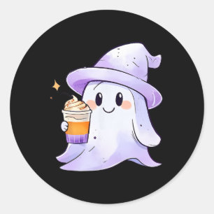 Sticker Rond Cute Ghost Boire Café Couple Halloween Café