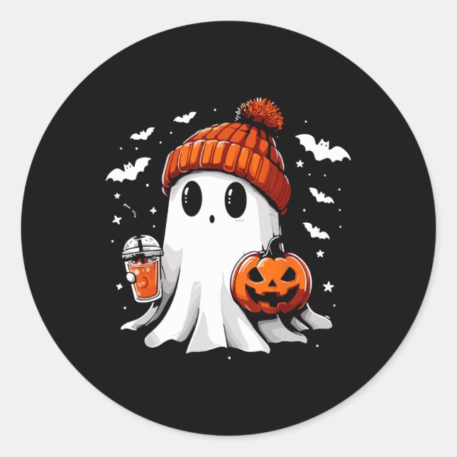 Sticker Rond Cute Ghost Boire Café Halloween Ghost Café (Devant)