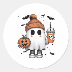 Sticker Rond Cute Ghost Boire Café Halloween Ghost Café
