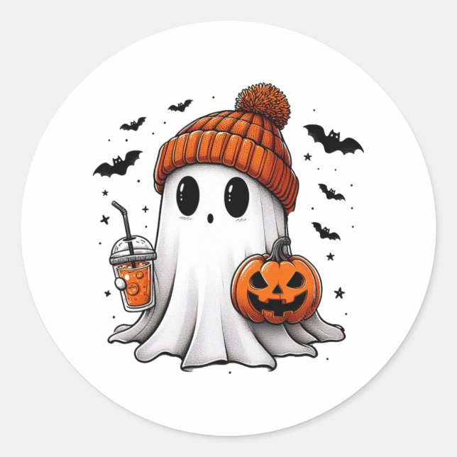 Sticker Rond Cute Ghost Boire Café Halloween Ghost Ice Cof (Devant)