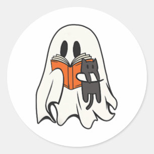 Sticker Rond Cute Ghost Chat Lecture Livre Saison Éffrayante Ha