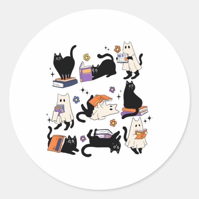 Sticker Rond Cute Ghost Chat Lecture Livres Lover Bookish Hallo (Devant)