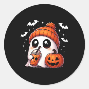 Sticker Rond Cute Ghost Coffee Lover Halloween Ghost Citrouille