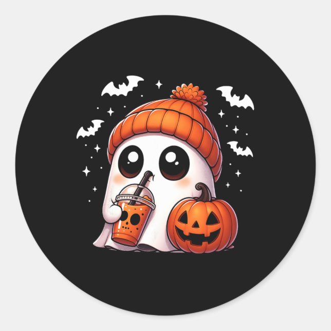 Sticker Rond Cute Ghost Coffee Lover Halloween Ghost Citrouille (Devant)