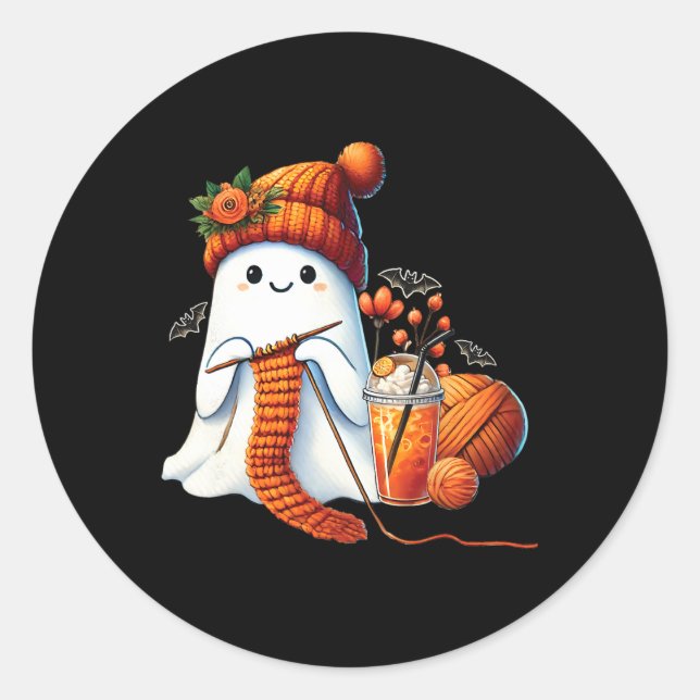 Sticker Rond Cute Ghost Crochet Tricot Amateurs Halloween Café (Devant)