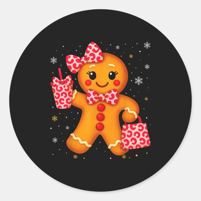 Sticker Rond Cute Gingerbread Leopard Bow Christmas Xmas Girl W (Devant)
