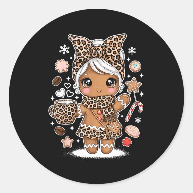 Sticker Rond Cute Gingerbread Leopard Christmas Xmas Girl Women (Devant)