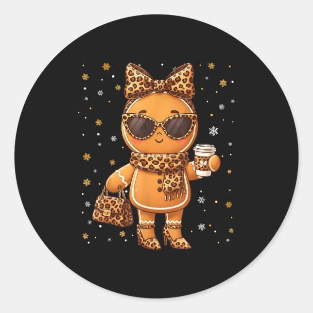 Sticker Rond Cute Gingerbread Leopard Christmas Xmas Girl Women (Devant)