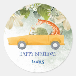 Sticker Rond Cute girafe tortue Safari jungle fête d'anniversai