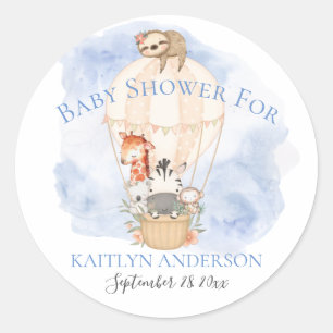 Sticker Rond Cute Girafe Zèbre Garçon Baby Shower Montgolfière