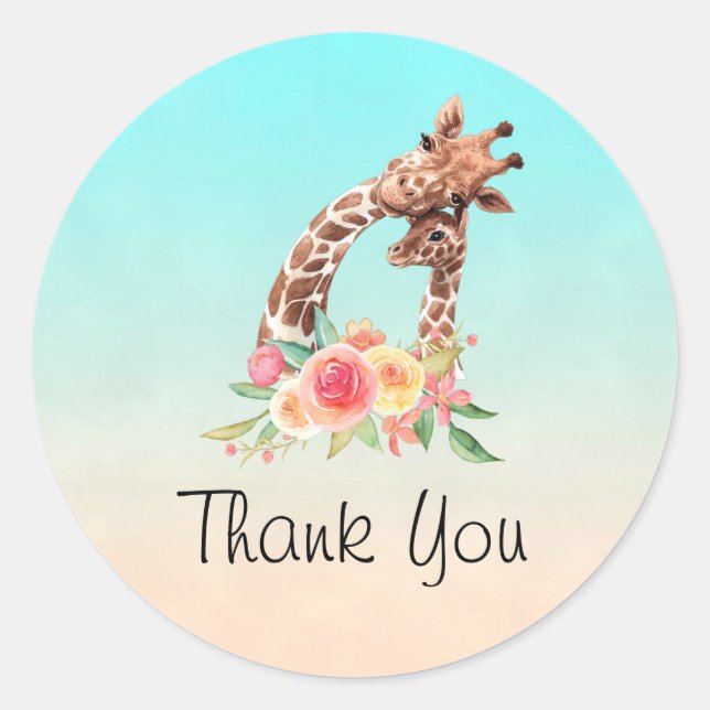 Sticker Rond Cute Giraffe Aquarelle Maman & Baby Merci (Devant)