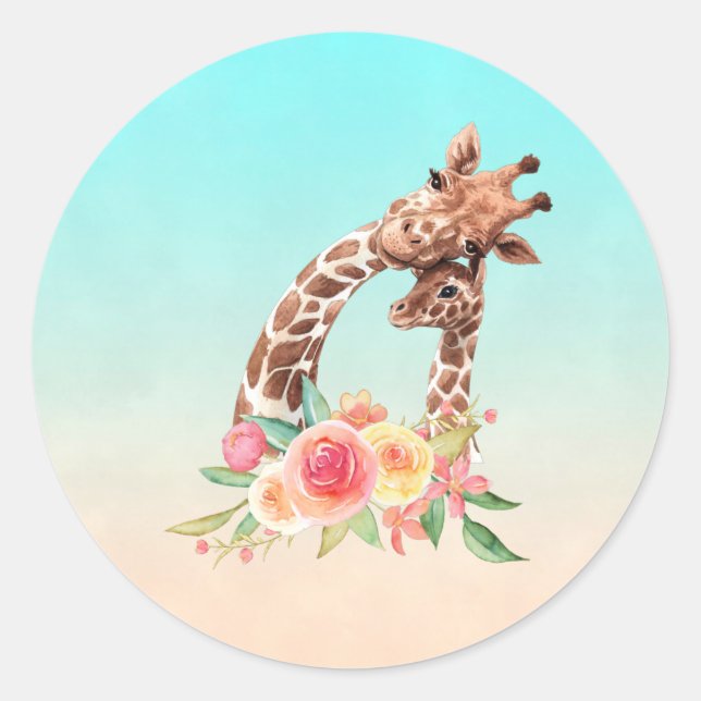 Sticker Rond Cute Giraffe Aquarelle Maman & Bébé (Devant)