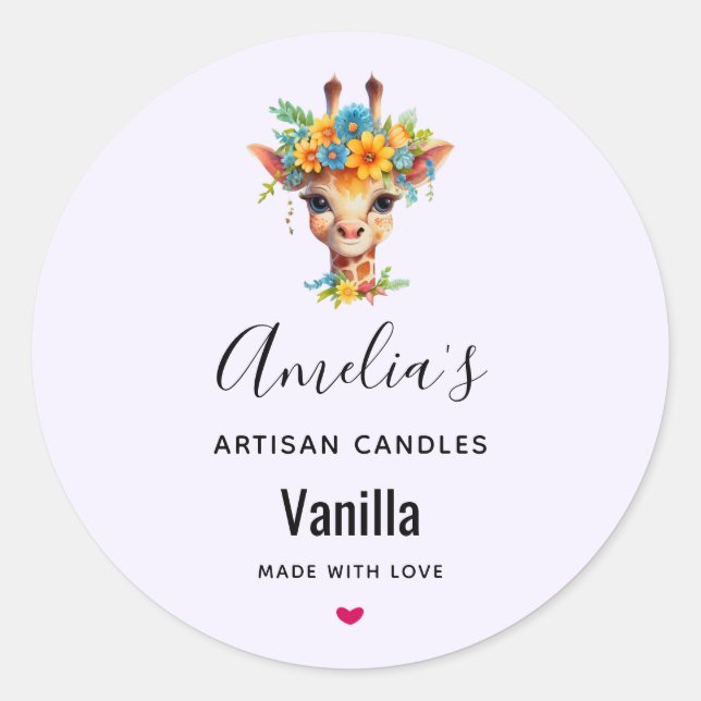 Sticker Rond Cute Giraffe avec Floral Crown Candle Business (Devant)