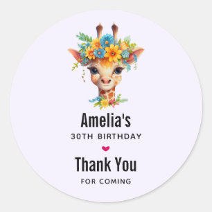 Sticker Rond Cute Giraffe avec Merci Floral de la Couronne