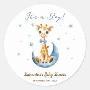 Sticker Rond Cute Giraffe Baby shower Favoriser Merci Blue Boy