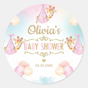 Sticker Rond Cute Giraffe Girl Baby shower Merci Favor