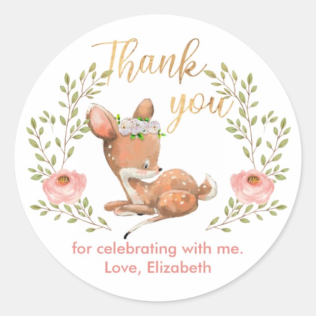 Sticker Rond Cute Girl Baby Fawn Merci de fête d'anniversaire (Devant)