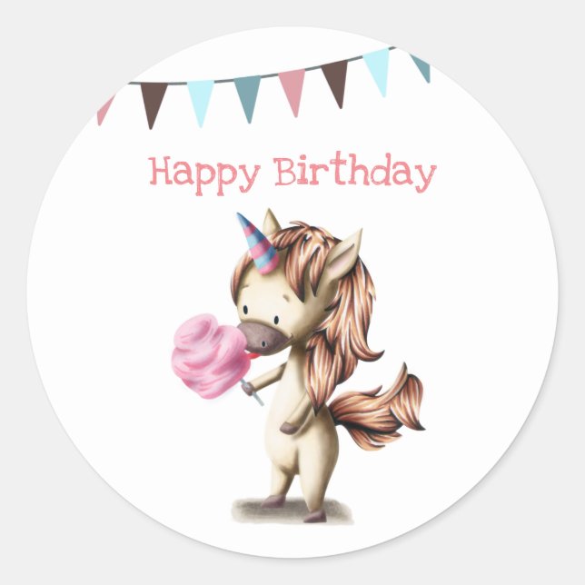 Sticker Rond Cute Girl Cotton Candy Unicorn Anniversaire (Devant)