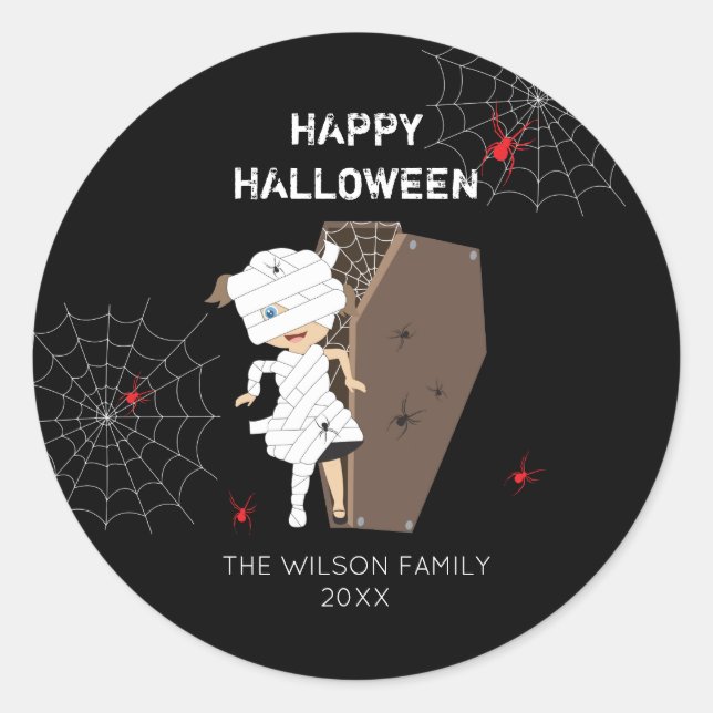 Sticker Rond Cute Girl Mummy Coffin Halloween Famille et année (Devant)