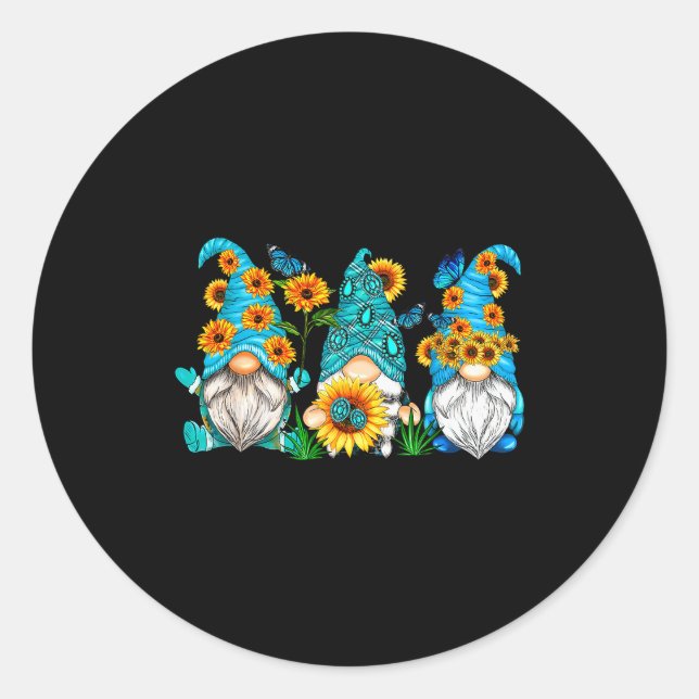 Sticker Rond Cute Gnomes With Sunflower Butterfly Gardeners Sum (Devant)