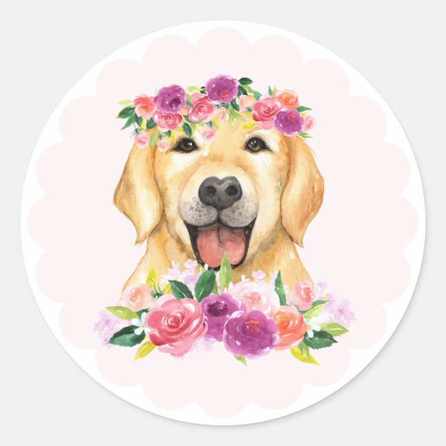 Sticker Rond Cute Golden Retriever et Purple Flowers Chien (Devant)