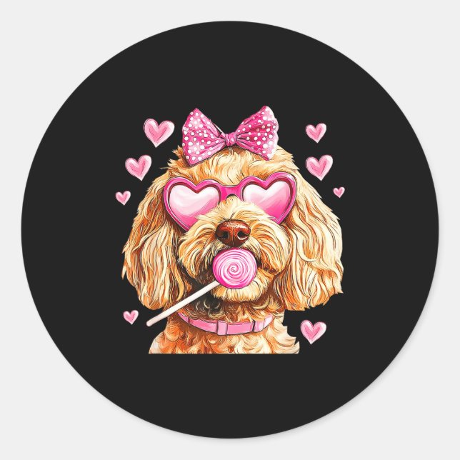 Sticker Rond Cute Goldendoodle Wearing Gles Heart Puppy Valenti (Devant)