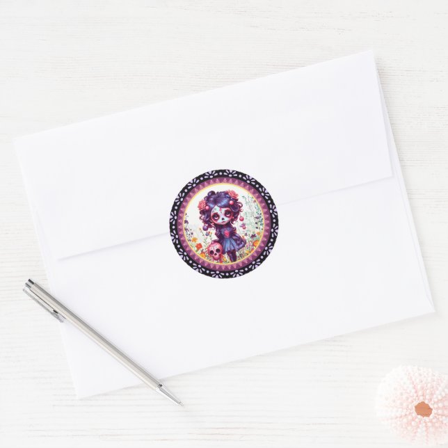 Sticker Rond Cute Gothique Jardin Sugar Crâne (Enveloppe)