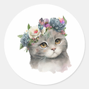 Sticker Rond Cute Gray Couleur Chat avec Fleurs Amoureux des ch