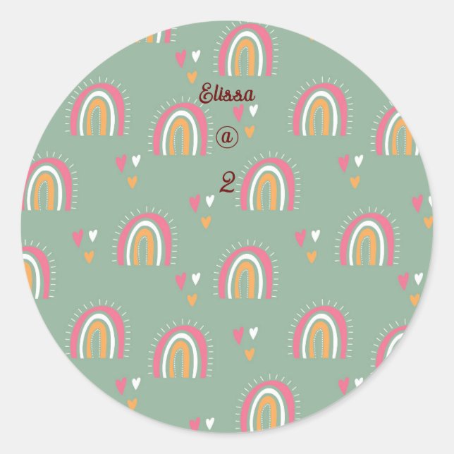 Sticker Rond Cute Green Boho Rainbow Anniversaire Nom personnal (Devant)