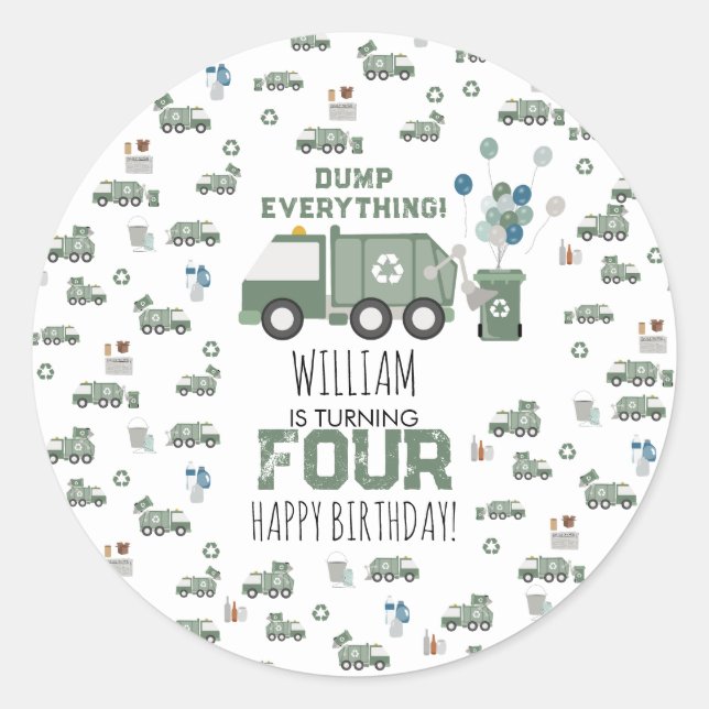 Sticker Rond Cute Green Recycling Camion Enfants Nom Âge Annive (Devant)