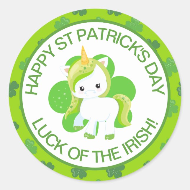 Sticker Rond Cute Green Smiling Irlandais Lucky Unicorn et Clov (Devant)