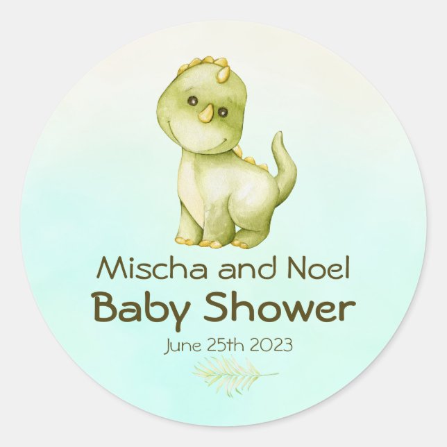 Sticker Rond Cute Green T Rex Dinosaur Boys Baby shower (Devant)