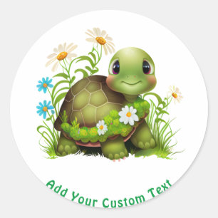 Sticker Rond Cute Green Turtle Floral Texte personnalisé